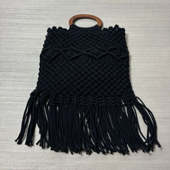 Danielle Nicole Macrame Crochet Boho Black Bag w/ Wood Handle & Crossbody Strap - Picture 1 of 13